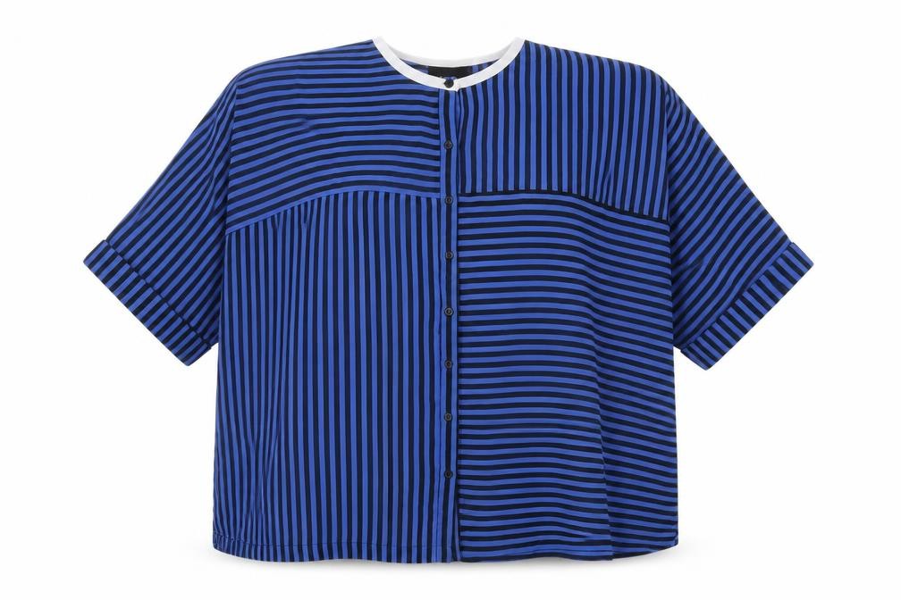 Front view of ASOS Women's Blue Striped Button-Up Shirt, size 14