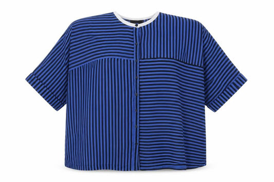 Front view of ASOS Women's Blue Striped Button-Up Shirt, size 14