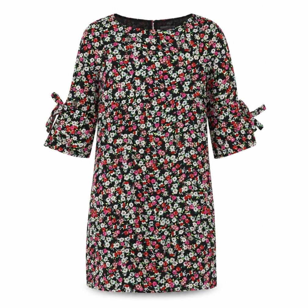 Front view of H&M Women Black Floral Shift Dress, size 4