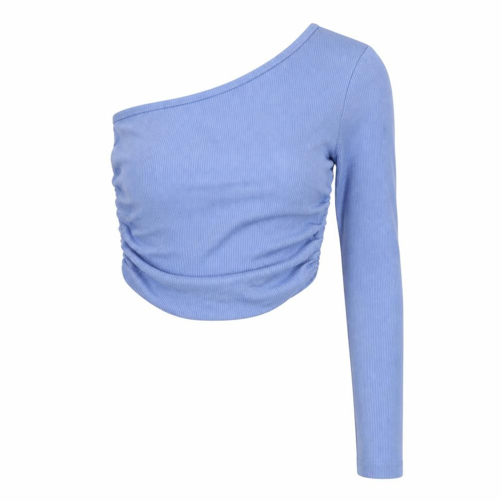 Front view of Zara women’s blue asymmetrical cropped blouse, size S