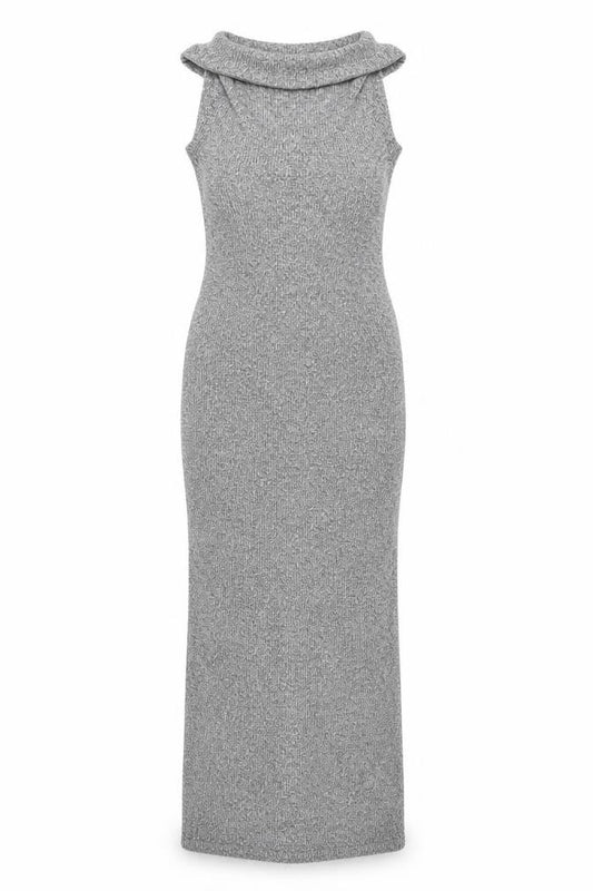 Front view of Lipsy London Grey Bodycon Midi Dress, size 12, Cowl Neck