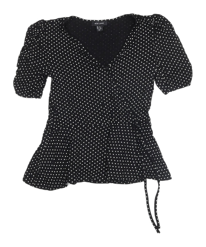 New Look Women's Black Polka Dot Wrap Blouse Size 8