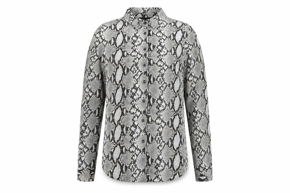 Front view of New Look Women's Grey Animal Print Button-Up Shirt, size 10