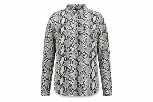 Front view of New Look Women's Grey Animal Print Button-Up Shirt, size 10