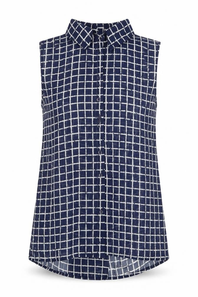 Front view of Golden Days Women's Blue Check Sleeveless Button-Up Top
