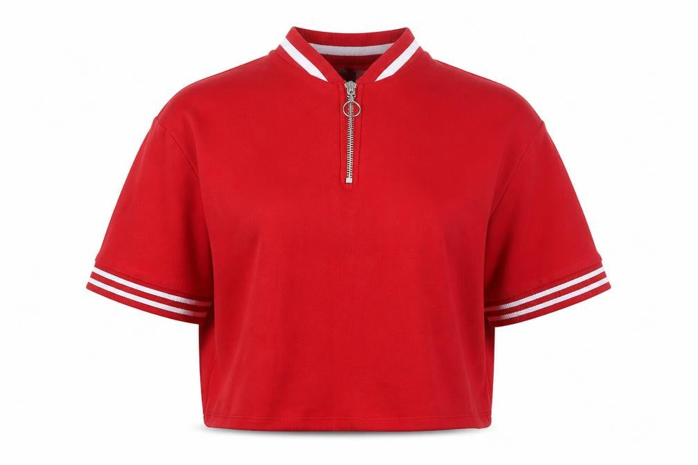 Front view of H&M Women's Red Polo Jersey Top, size S, Zip Accent