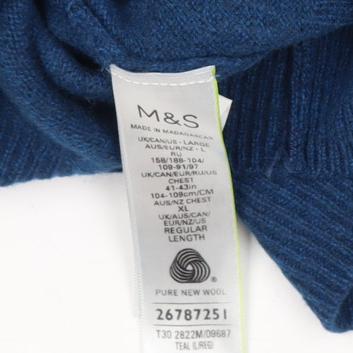 Marks and Spencer Men's Blue V-Neck Wool Jumper L