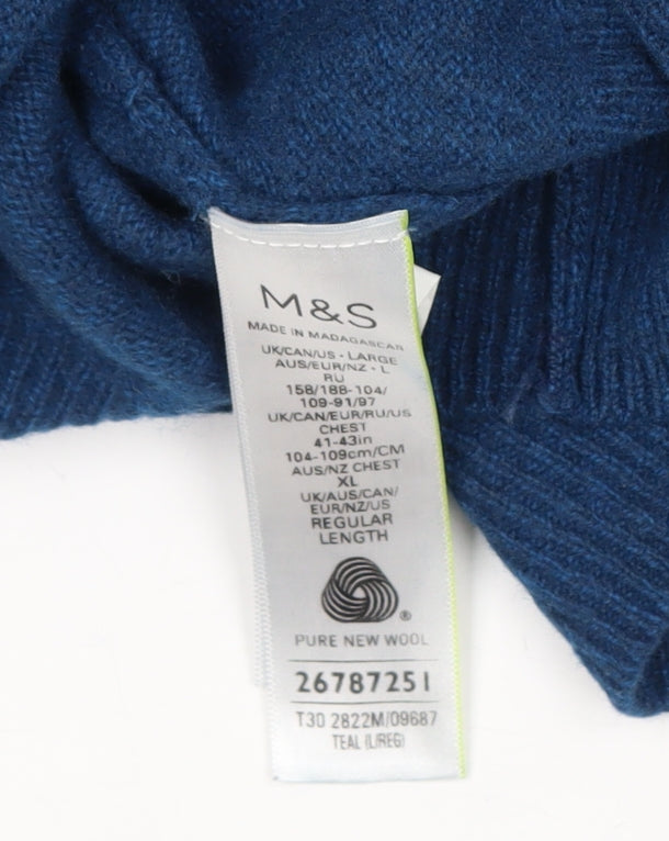 Marks and Spencer Men's Blue V-Neck Wool Jumper L