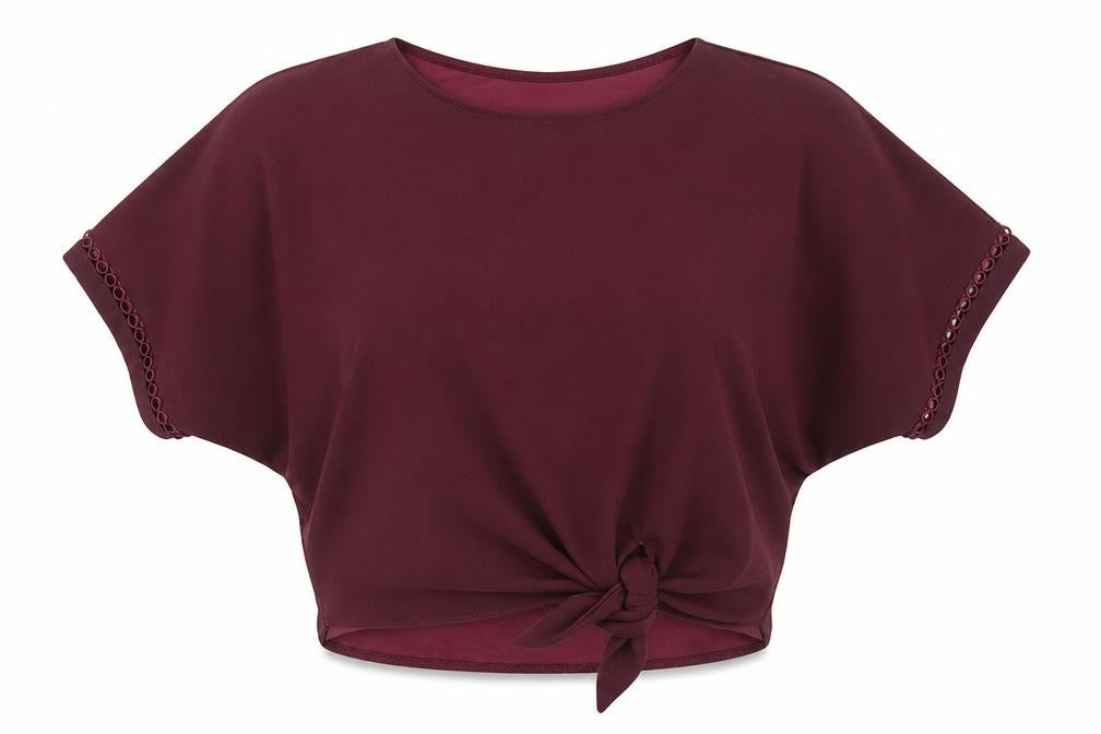 Front view of Lipsy Women Red Cropped Blouse, size 8, Tie Accent