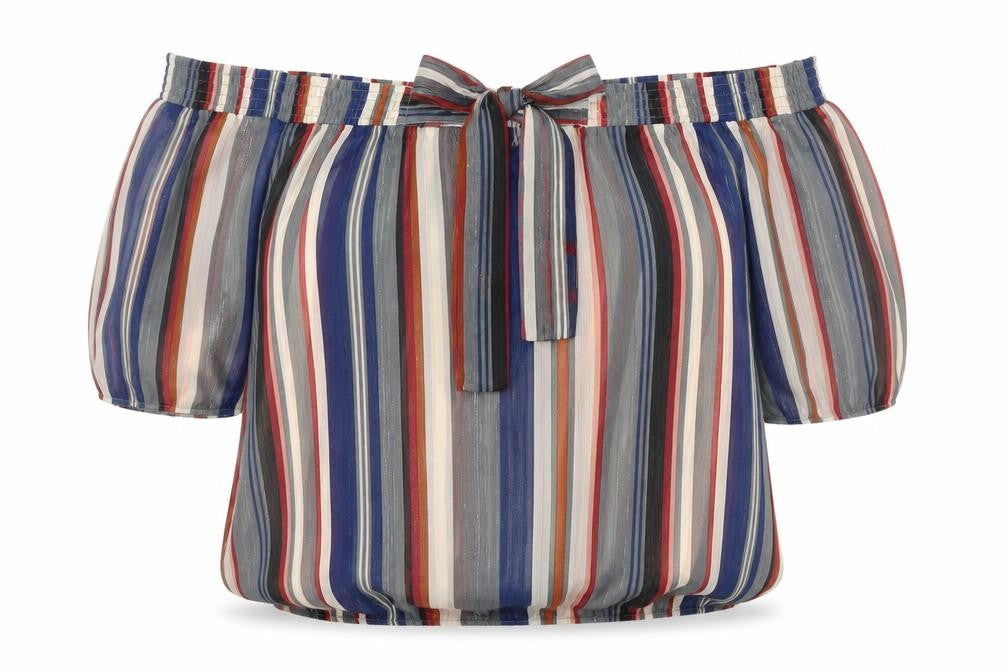Front view of Blue Vanilla Women's Multicoloured Off Shoulder Blouse, size 14