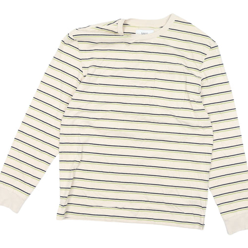 Marks and Spencer Men's Beige Striped Long Sleeve T-Shirt