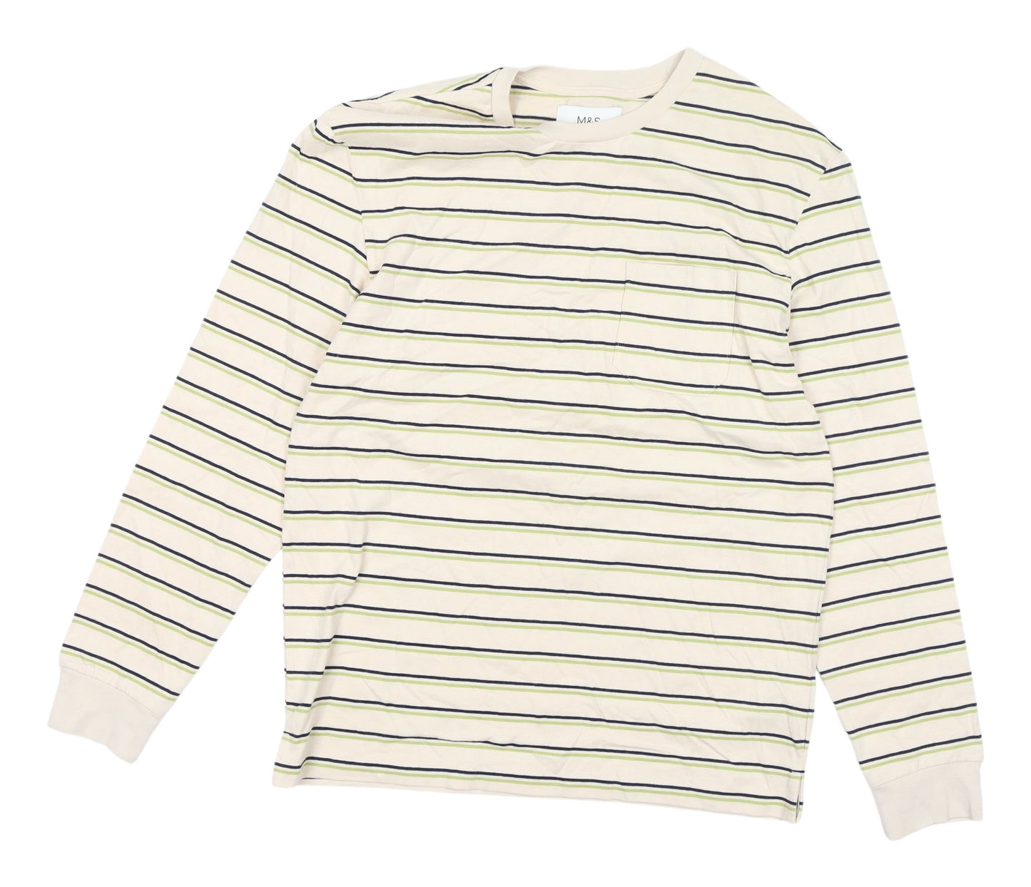 Marks and Spencer Men's Beige Striped Long Sleeve T-Shirt