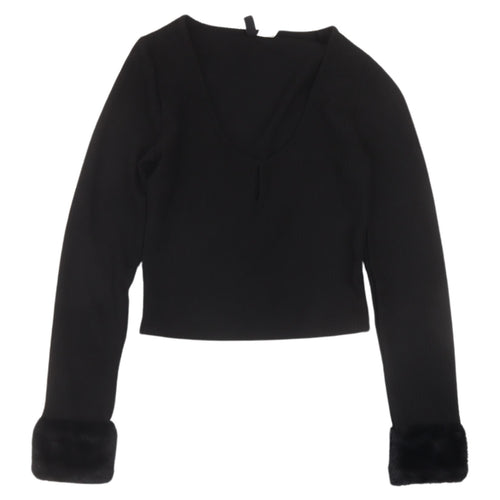 Divided Women's Black Cropped Top with Fur Trim, Size 8