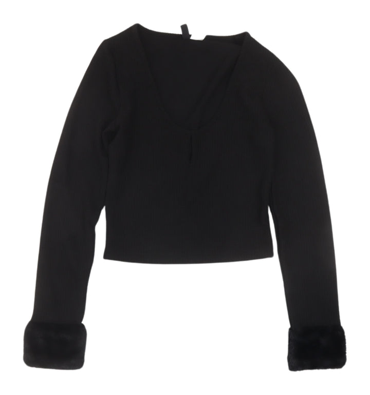 Divided Women's Black Cropped Top with Fur Trim, Size 8