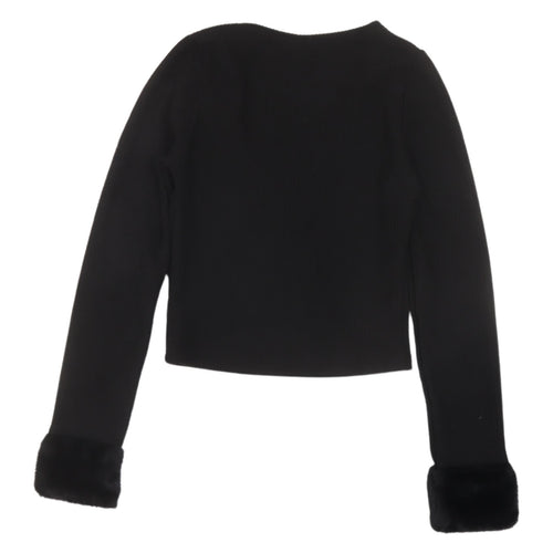 Divided Women's Black Cropped Top with Fur Trim, Size 8