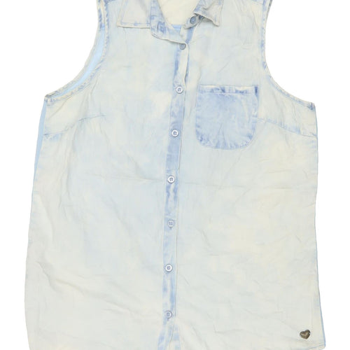 Lee Cooper Women's Blue Cotton Button-Up Sleeveless Shirt