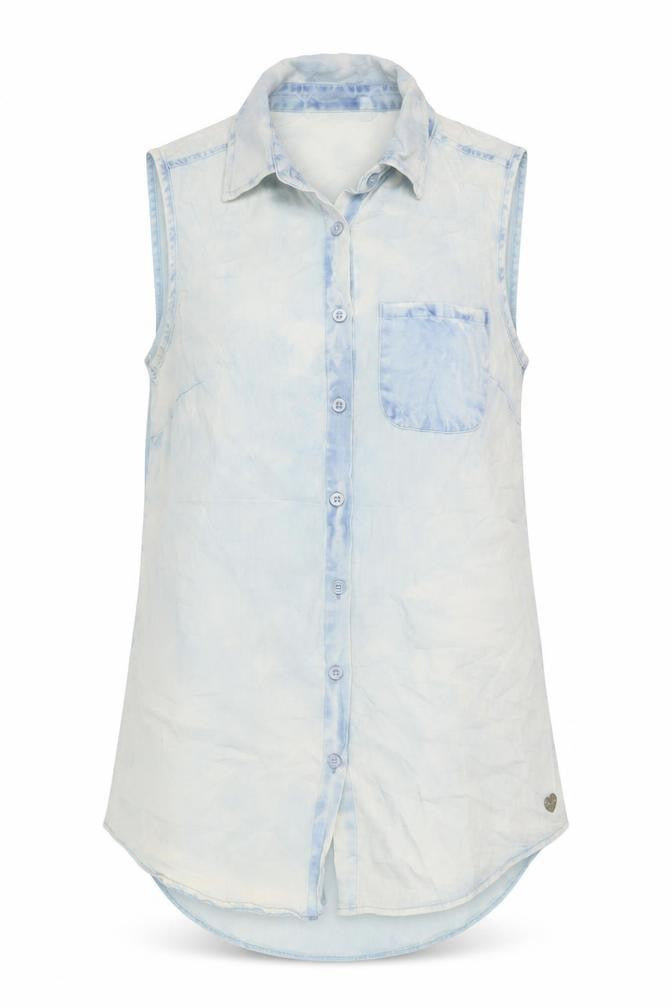 Front view of Lee Cooper Women's Blue Cotton Button-Up Sleeveless Shirt