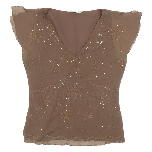 BHS Women's Brown Camisole Blouse V-Neck Beaded Size 12