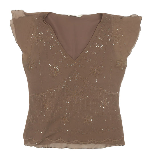 BHS Women's Brown Camisole Blouse V-Neck Beaded Size 12