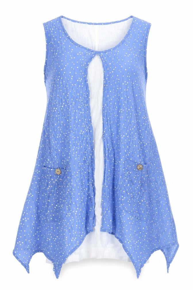 Front view of Izabel London Blue Polka Dot Blouse, size 12, Sleeveless