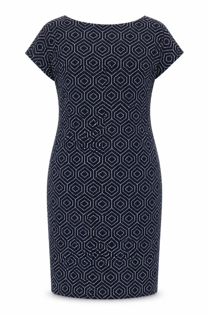 Front view of Next Women's Blue Geometric Sheath Dress, size 12
