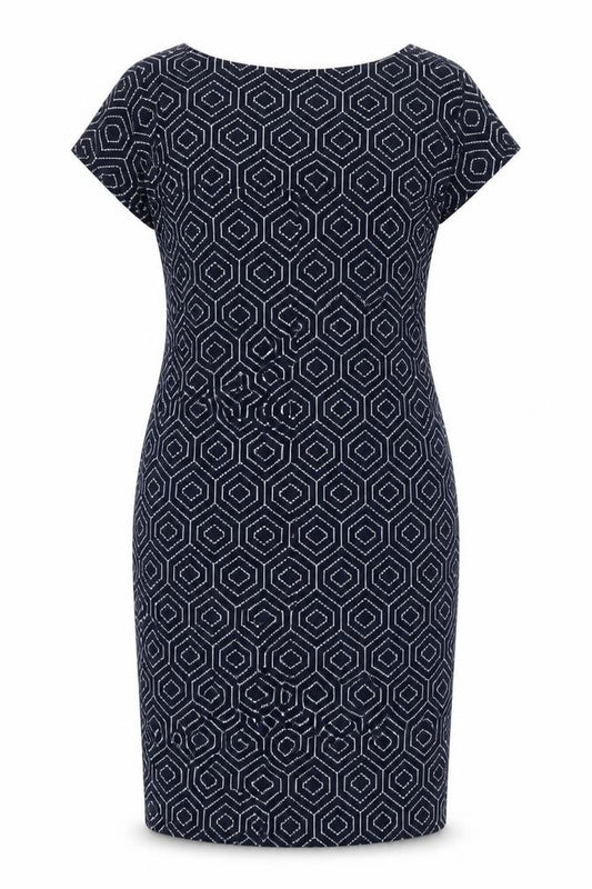 Front view of Next Women's Blue Geometric Sheath Dress, size 12