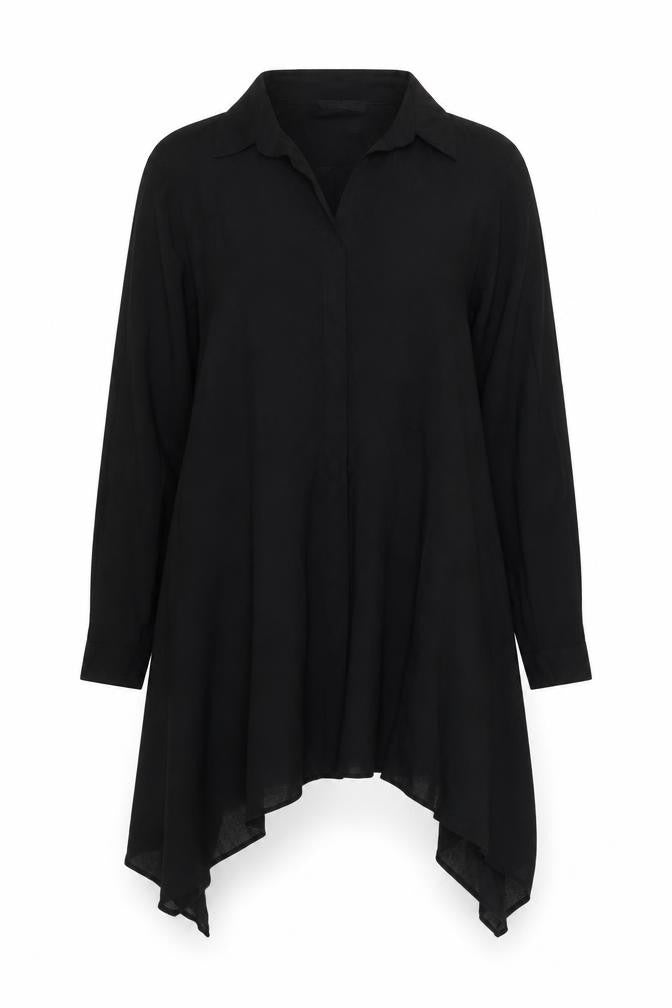 Front view of Emrey Women's Black Collared Long Sleeve Top M
