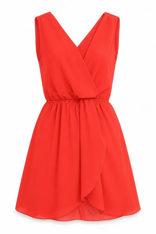 Front view of TFNC London Red Women's Wrap Dress, size S, Summer Party