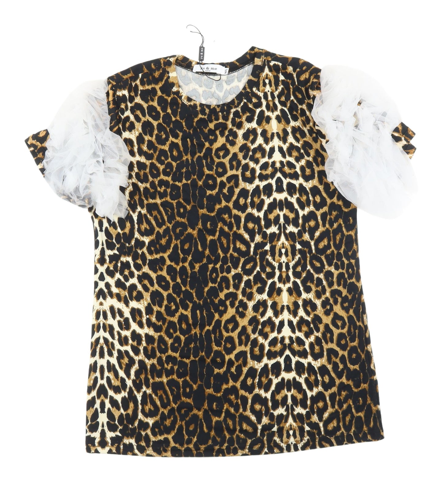 Yu & Me Women's Leopard Print Puff Sleeve T-Shirt, M