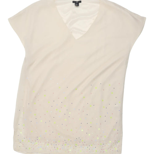 H&M Women's Beige Sequin V-Neck Blouse, Size 8