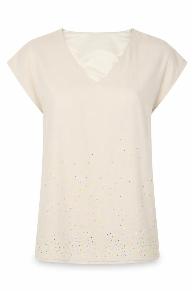 Front view of H&M Women's Beige Sequin V-Neck Blouse, size 8