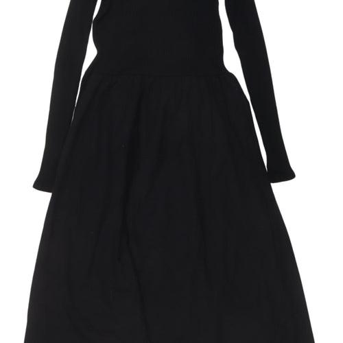 Zara Women's Black Midi A-Line Dress, Size 12, Cotton Knit