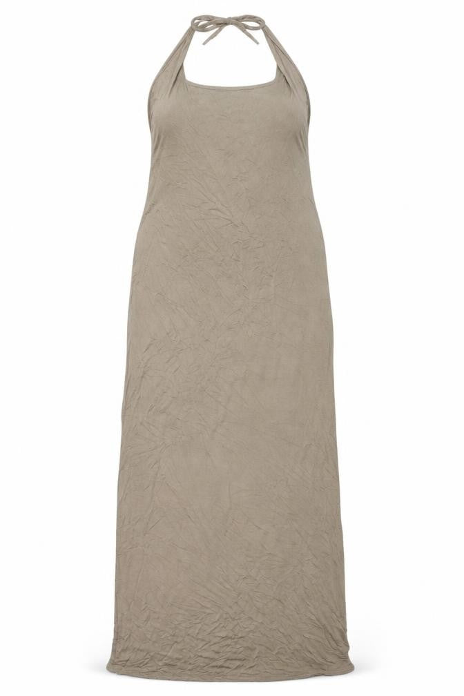 Front view of PRETTYLITTLETHING Beige Halter Maxi Dress, size 18