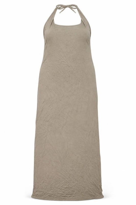 Front view of PRETTYLITTLETHING Beige Halter Maxi Dress, size 18