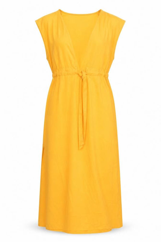Front view of Azure Debenhams Yellow Wrap Midi Dress, size 6, Women