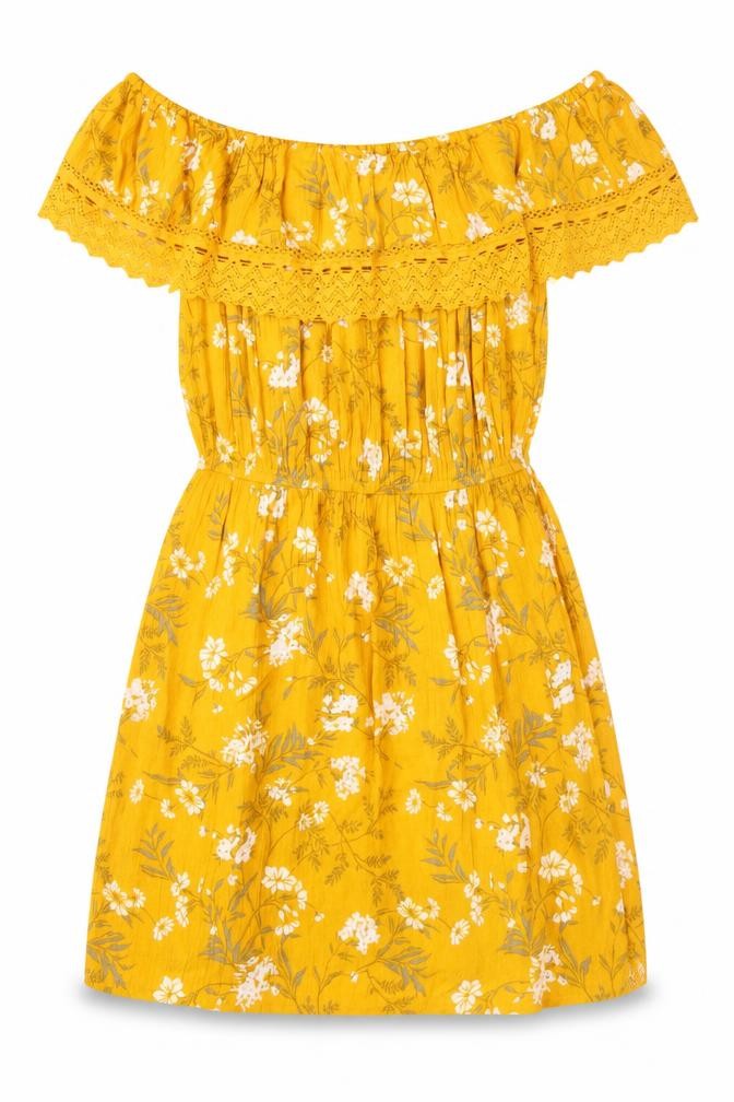 Miss Selfridge Women's Yellow Floral Off-Shoulder Dress