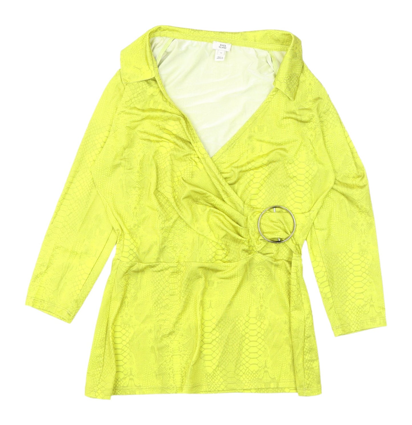 River Island Yellow Wrap Blouse, Size 10, Animal Print, New