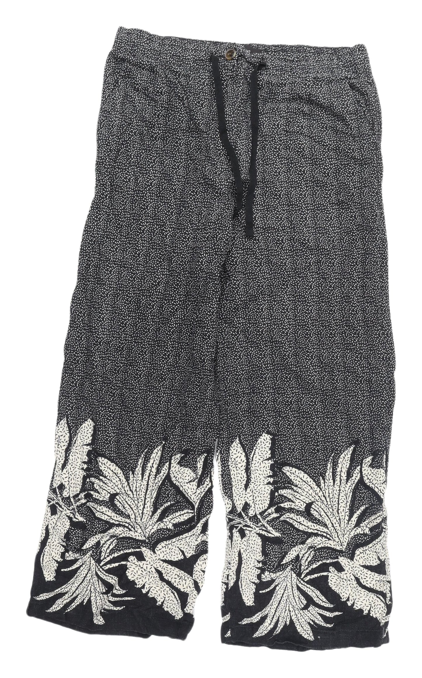 Next Women's Cropped Black Floral Linen Trousers Size 14