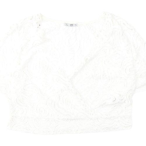 Zara White Lace Women's Cropped V-Neck Blouse - Size L