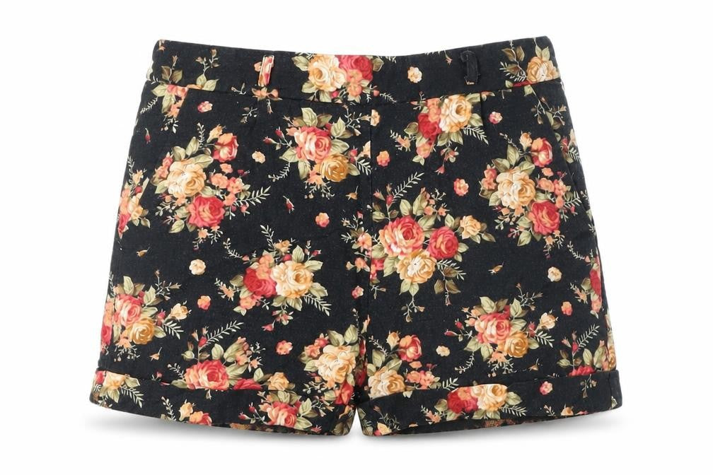 Front view of Piper Women's Black Floral Chino Shorts, size 6