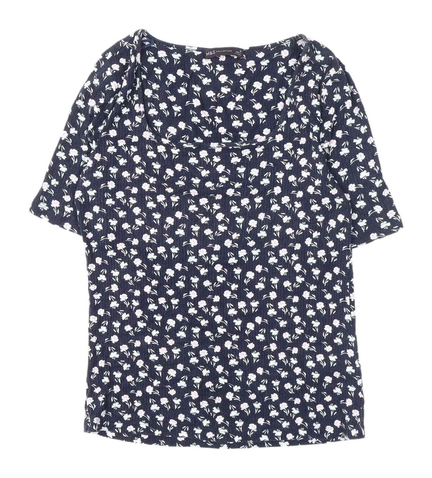 Marks and Spencer Women's Blue Floral T-Shirt - Size 12