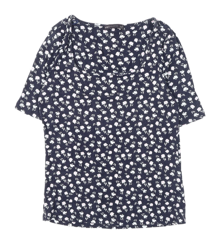 Marks and Spencer Women's Blue Floral T-Shirt - Size 12