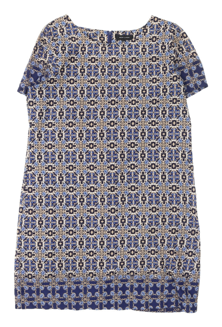 New Look Women's Blue Geometric Shift Dress, Size 14