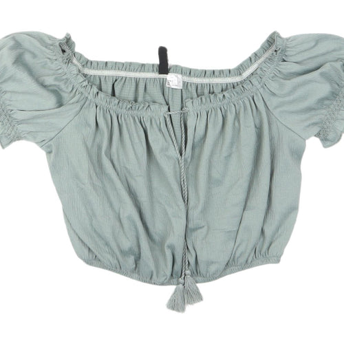 H&M Women's Green Cropped Blouse, Size S, Off Shoulder