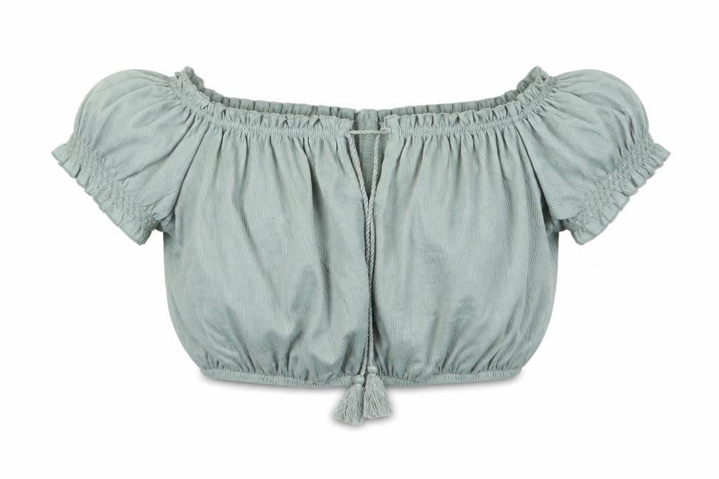 Front view of H&M Women's Green Cropped Blouse, size S, Off Shoulder