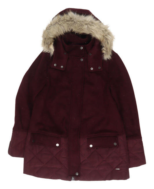 Joules Women's Red Parka Coat Size 10 with Fur Trim