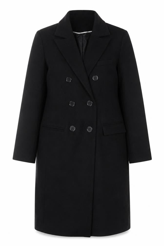 Front view of London Eye Women's Black Double-Breasted Overcoat, size 12