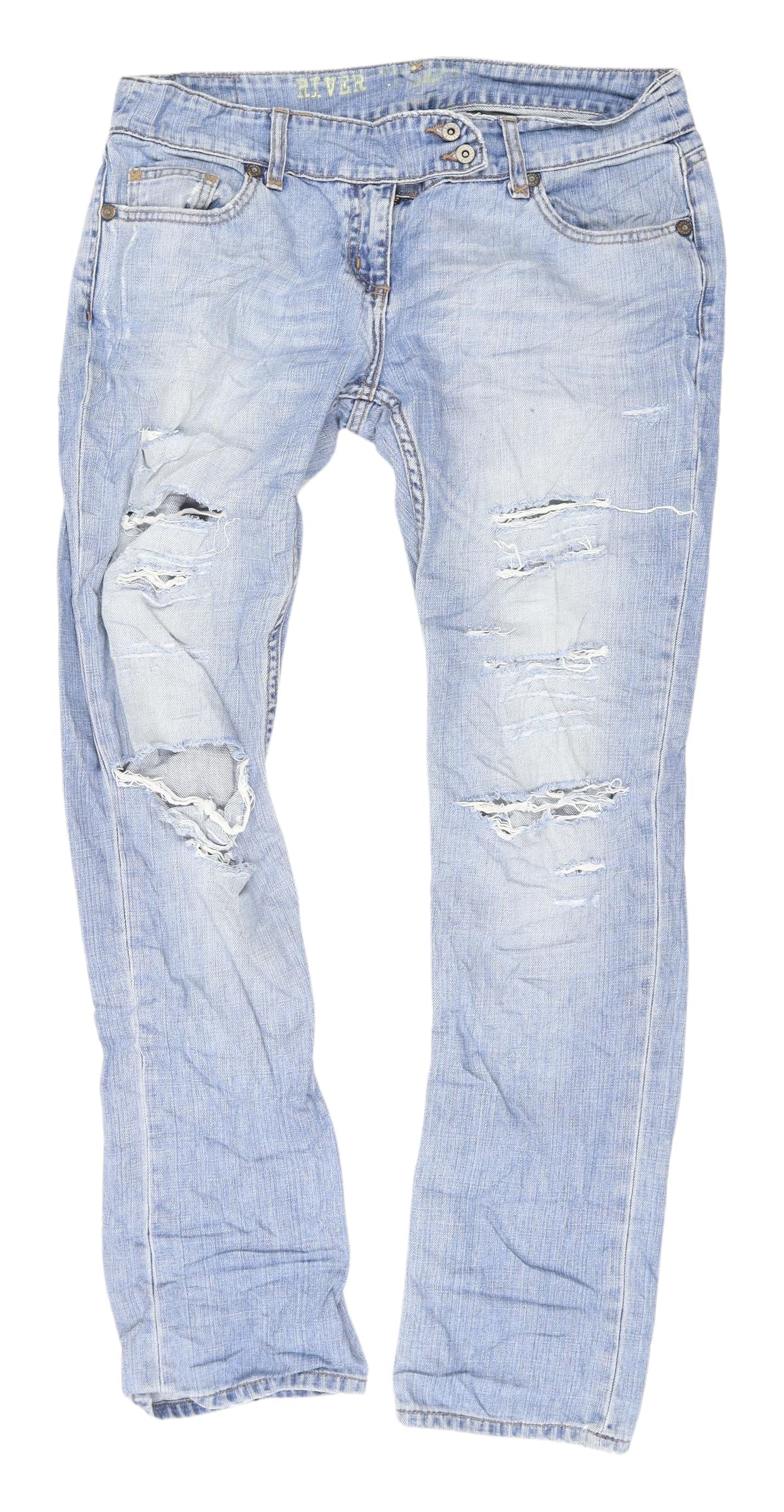 River Island Women's Blue Distressed Straight Jeans