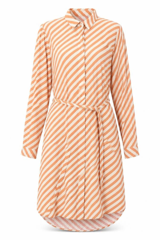 Front view of ICHI Women's Orange Stripe Shirt Dress, size S