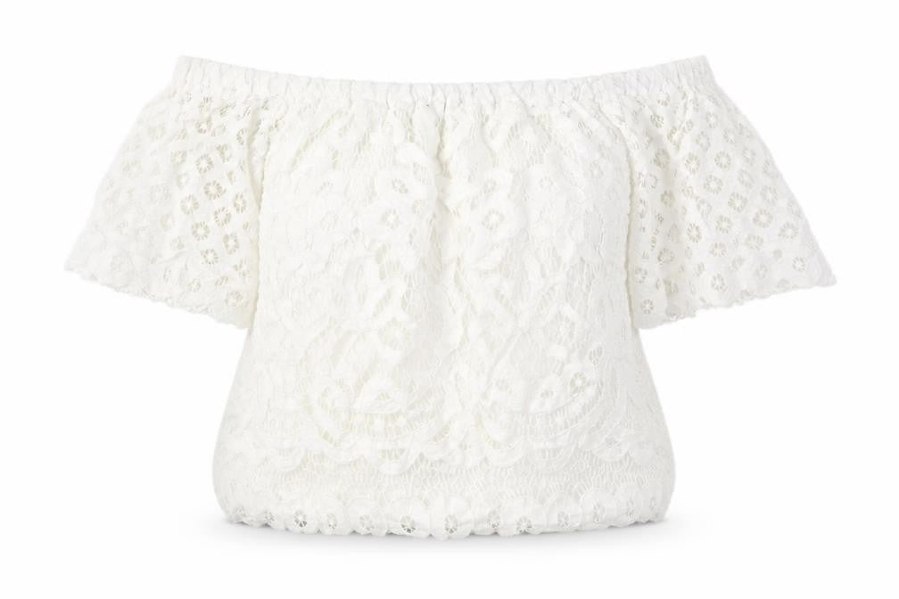 Front view of New Look Women's White Lace Off-Shoulder Blouse, size 8